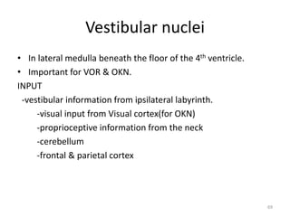 Vestibular nuclei
• In lateral medulla beneath the floor of the 4th ventricle.
• Important for VOR & OKN.
INPUT
-vestibular information from ipsilateral labyrinth.
-visual input from Visual cortex(for OKN)
-proprioceptive information from the neck
-cerebellum
-frontal & parietal cortex
69
 