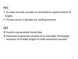 PFC
 to make accurate saccades to remembered spatial location of
targets.
 If lesion occurs it disrupts our working memory.
SEF
 Found in dorsomedial frontal lobe
 Important to generate saccades & to remember chronologic
sequence of multiple targets to make sequential saccades
81
 