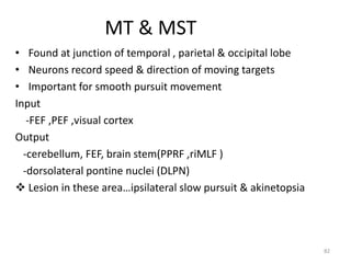 MT & MST
• Found at junction of temporal , parietal & occipital lobe
• Neurons record speed & direction of moving targets
• Important for smooth pursuit movement
Input
-FEF ,PEF ,visual cortex
Output
-cerebellum, FEF, brain stem(PPRF ,riMLF )
-dorsolateral pontine nuclei (DLPN)
 Lesion in these area…ipsilateral slow pursuit & akinetopsia
82
 
