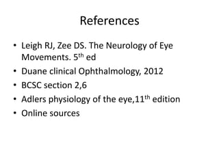 References
• Leigh RJ, Zee DS. The Neurology of Eye
Movements. 5th ed
• Duane clinical Ophthalmology, 2012
• BCSC section 2,6
• Adlers physiology of the eye,11th edition
• Online sources
 