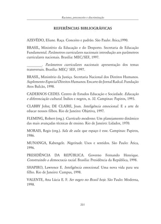 Racismo, preconceito e discriminação


                 REFER¯NCIAS BIBLIOGR˘FICAS


AZEVÊDO, Eliane. Raça. Conceito e padrão. São Paulo: Ática,1990.
BRASIL, Ministério da Educação e do Desporto. Secretaria de Educação
Fundamental. Parâmetros curriculares nacionais: introdução aos parâmetros
curriculares nacionais. Brasília: MEC/SEF, 1997.
________. Parâmetros curriculares nacionais: apresentação dos temas
transversais. Brasília: MEC/ SEF, 1997.
BRASIL, Ministério da Justiça. Secretaria Nacional dos Direitos Humanos.
Suplemento Especial Direitos Humanos. Encarte do Jornal Radcal. Fundação
Atos Bulcão, 1998.
CADERNOS CEDES. Centro de Estudos Educação e Sociedade. Educação
e diferenciação cultural. Índios e negros, n. 32. Campinas: Papiros, 1993.
CLABBY John; DE CLAIRE, Joan. Inteligência emocional. E a arte de
educar nossos filhos. Rio de Janeiro: Objetiva, 1997.
FLEMING, Robert (org.). Currículo moderno. Um planejamento dinâmico
das mais avançadas técnicas de ensino. Rio de Janeiro: Lidador, 1970.
MORAIS, Regis (org.). Sala de aula: que espaço é esse. Campinas: Papiros,
1986.
MUNANGA, Kabengele. Negritude. Usos e sentidos. São Paulo: Ática,
1996.
PRESIDÊNCIA DA REPÚBLICA. Governo Fernando Henrique.
Construindo a democracia racial. Brasília: Presidência da República, 1998.
SHAPIRO, Lawrence E. Inteligência emocional. Uma nova vida para seu
filho. Rio de Janeiro: Campus, 1998.
VALENTE, Ana Lúcia E. F. Ser negro no Brasil hoje. São Paulo: Moderna,
1998.




                                       201
 