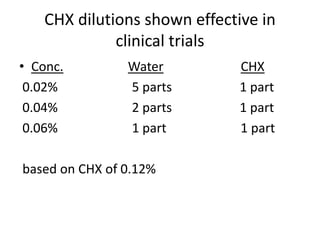 CHX dilutions shown effective in
clinical trials
• Conc. Water CHX
0.02% 5 parts 1 part
0.04% 2 parts 1 part
0.06% 1 part 1 part
based on CHX of 0.12%
 
