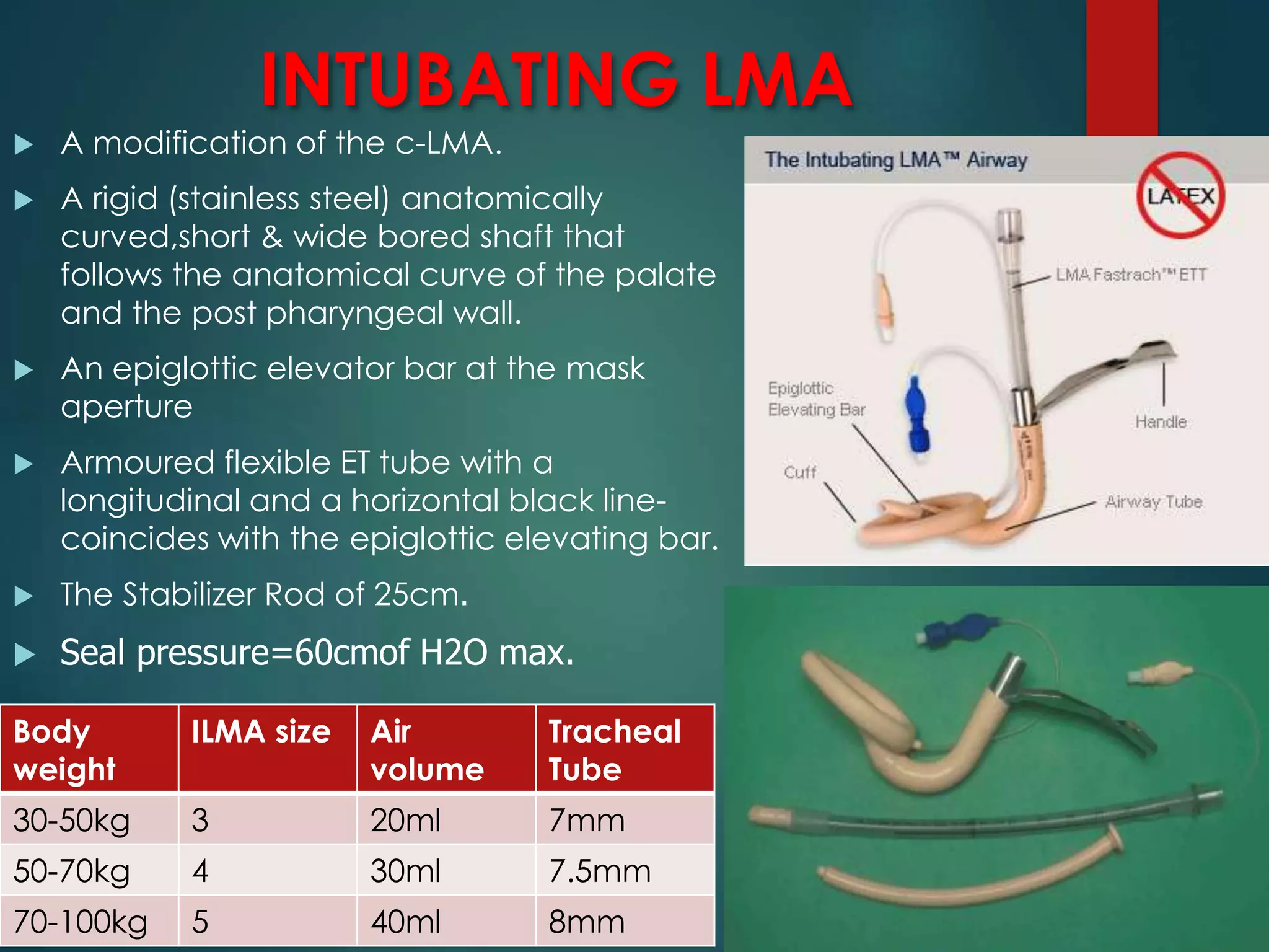 INTUBATING LMA
 A modification of the c-LMA.
 A rigid (stainless steel) anatomically
curved,short & wide bored shaft that
follows the anatomical curve of the palate
and the post pharyngeal wall.
 An epiglottic elevator bar at the mask
aperture
 Armoured flexible ET tube with a
longitudinal and a horizontal black line-
coincides with the epiglottic elevating bar.
 The Stabilizer Rod of 25cm.
 Seal pressure=60cmof H2O max.
Body
weight
ILMA size Air
volume
Tracheal
Tube
30-50kg 3 20ml 7mm
50-70kg 4 30ml 7.5mm
70-100kg 5 40ml 8mm
 