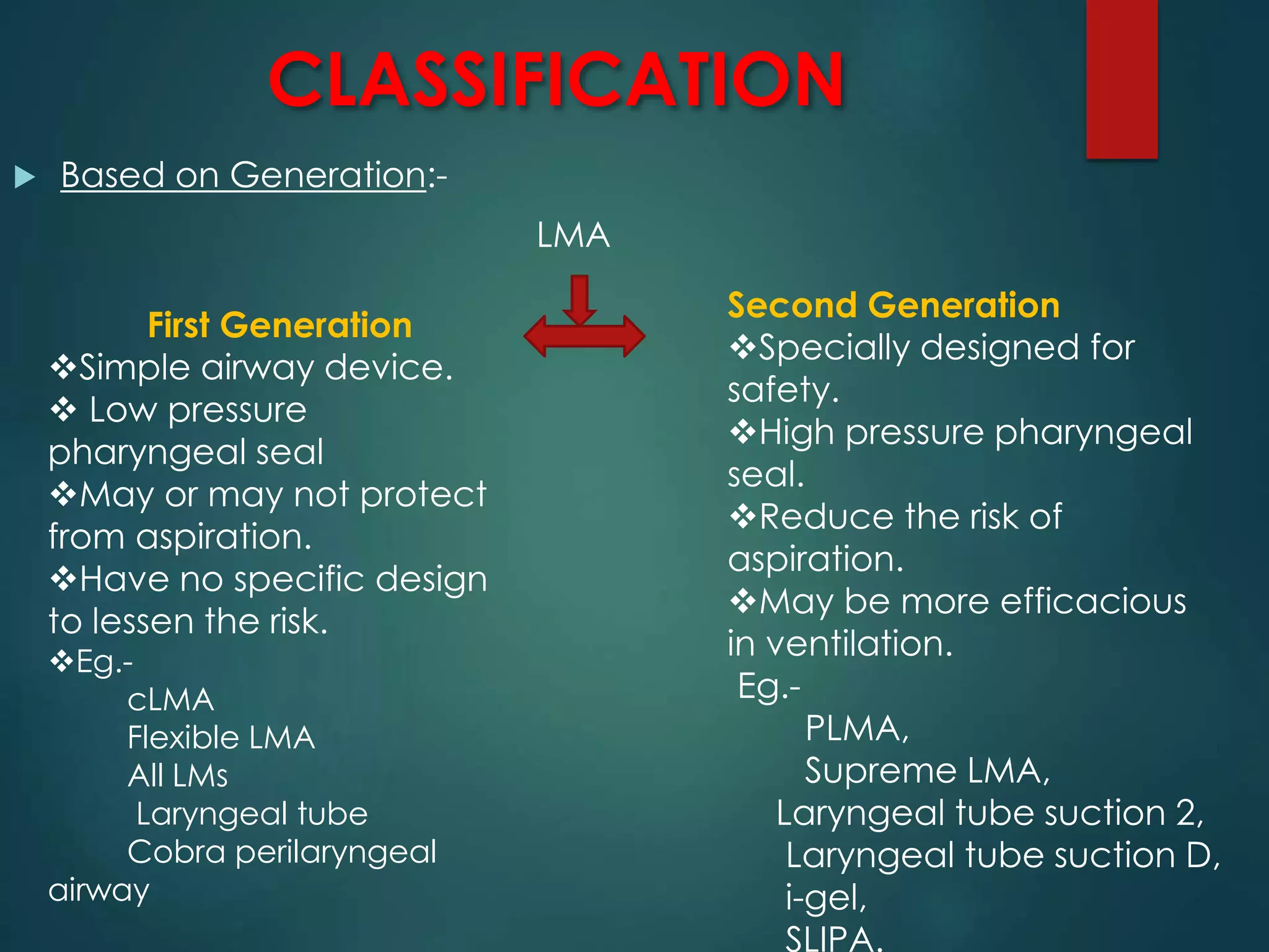 CLASSIFICATION
 Based on Generation:-
LMA
First Generation
Simple airway device.
 Low pressure
pharyngeal seal
May or may not protect
from aspiration.
Have no specific design
to lessen the risk.
Eg.-
cLMA
Flexible LMA
All LMs
Laryngeal tube
Cobra perilaryngeal
airway
Second Generation
Specially designed for
safety.
High pressure pharyngeal
seal.
Reduce the risk of
aspiration.
May be more efficacious
in ventilation.
Eg.-
PLMA,
Supreme LMA,
Laryngeal tube suction 2,
Laryngeal tube suction D,
i-gel,
SLIPA.
 