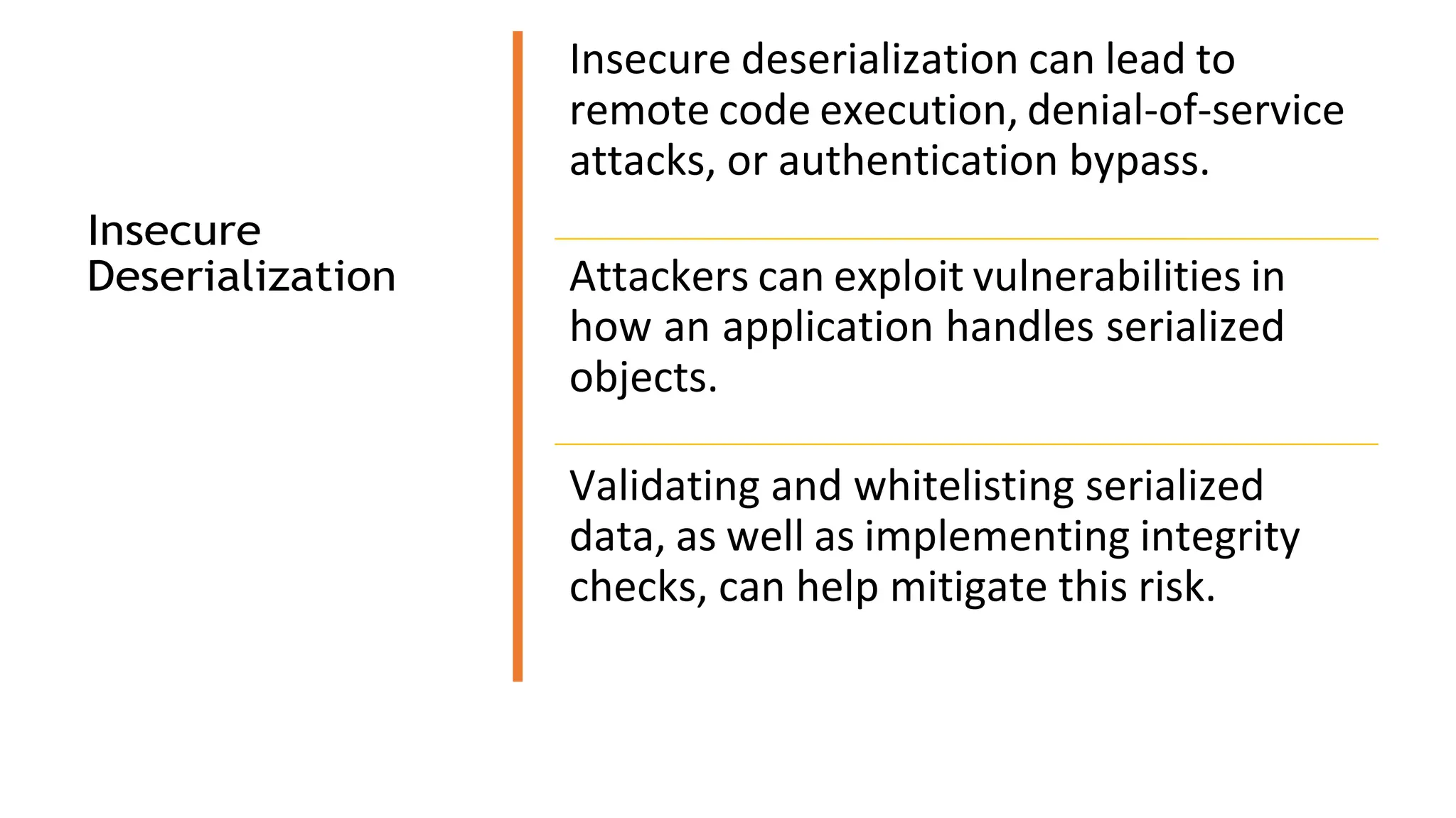 Insecure
Deserialization
Insecure deserialization can lead to
remote code execution, denial-of-service
attacks, or authentication bypass.
Attackers can exploit vulnerabilities in
how an application handles serialized
objects.
Validating and whitelisting serialized
data, as well as implementing integrity
checks, can help mitigate this risk.
 
