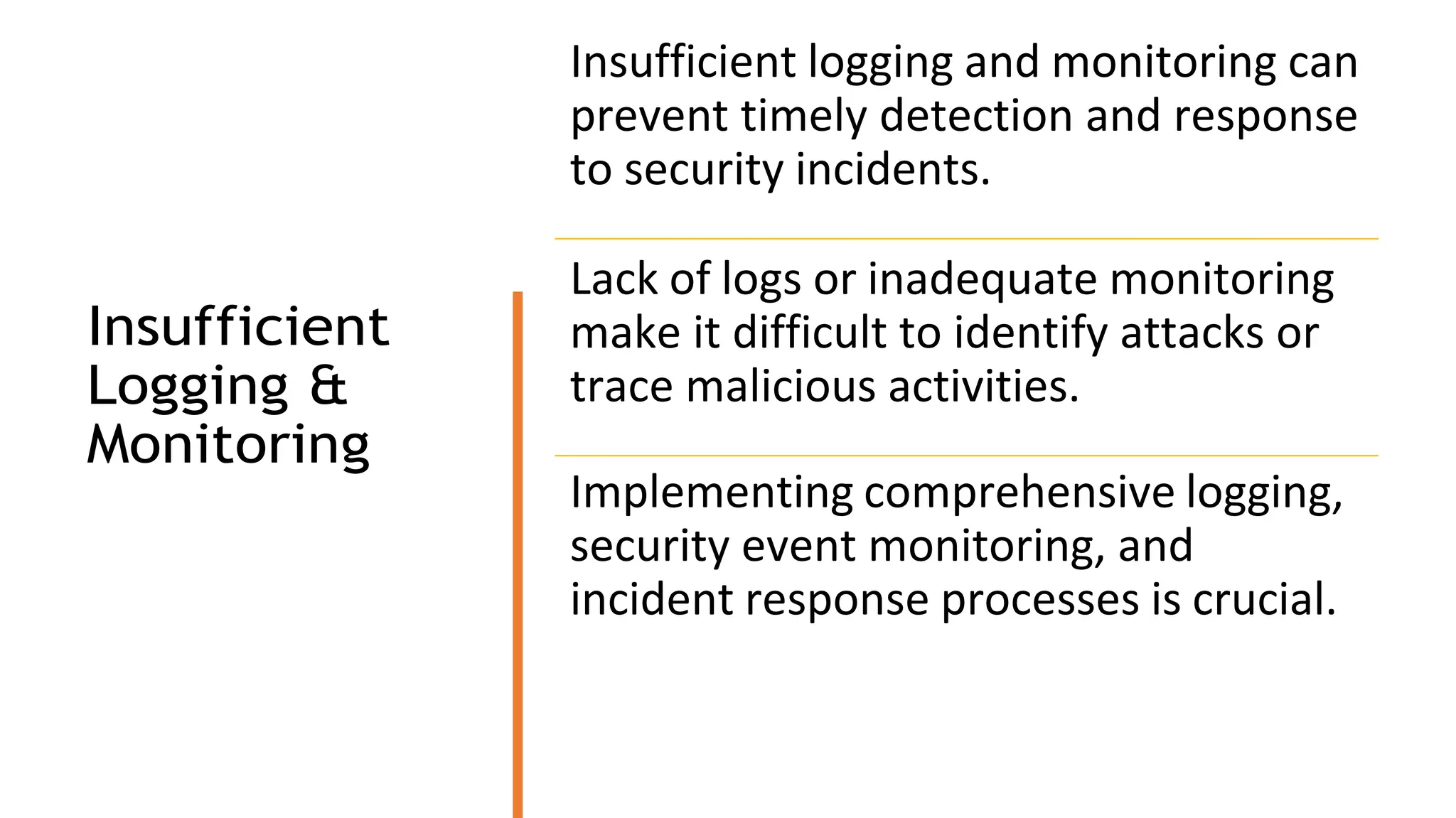 Insufficient
Logging &
Monitoring
Insufficient logging and monitoring can
prevent timely detection and response
to security incidents.
Lack of logs or inadequate monitoring
make it difficult to identify attacks or
trace malicious activities.
Implementing comprehensive logging,
security event monitoring, and
incident response processes is crucial.
 