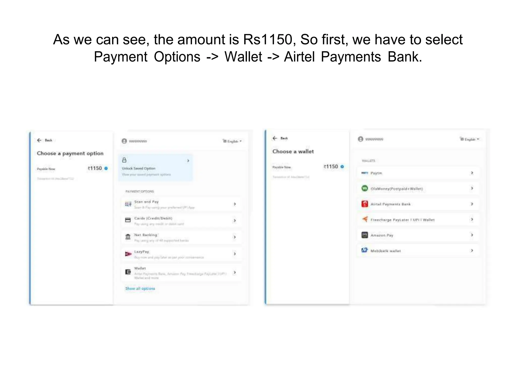 As we can see, the amount is Rs1150, So first, we have to select
Payment Options -> Wallet -> Airtel Payments Bank.
 