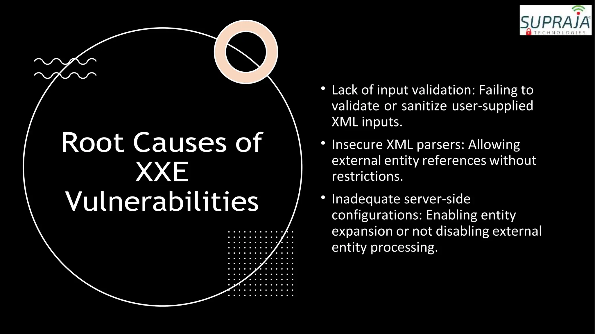 Root Causes of
XXE
Vulnerabilities
• Lack of input validation: Failing to
validate or sanitize user-supplied
XML inputs.
• Insecure XML parsers: Allowing
external entity references without
restrictions.
• Inadequate server-side
configurations: Enabling entity
expansion or not disabling external
entity processing.
 