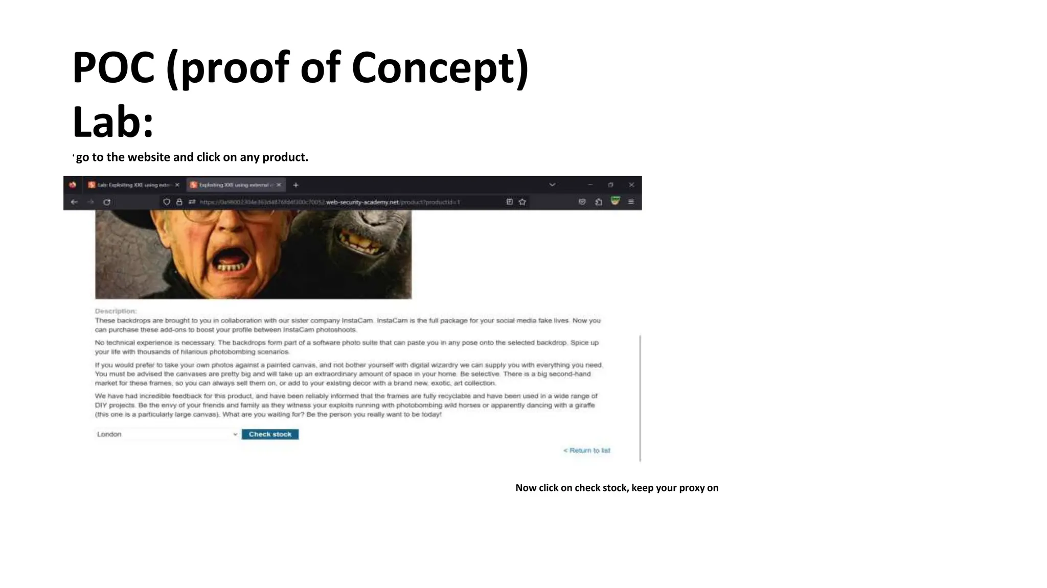 POC (proof of Concept)
Lab:
•go to the website and click on any product.
Now click on check stock, keep your proxy on
 