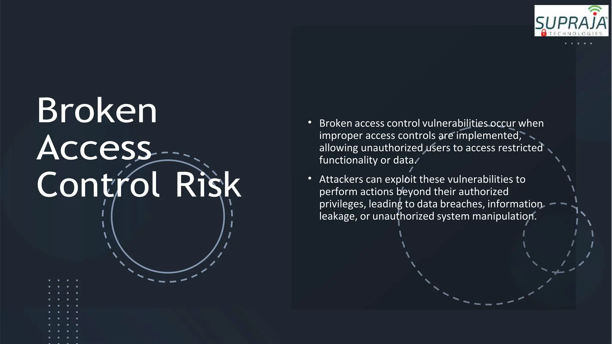 Broken
Access
Control Risk
• Broken access control vulnerabilities occur when
improper access controls are implemented,
allowing unauthorized users to access restricted
functionality or data.
• Attackers can exploit these vulnerabilities to
perform actions beyond their authorized
privileges, leading to data breaches, information
leakage, or unauthorized system manipulation.
 