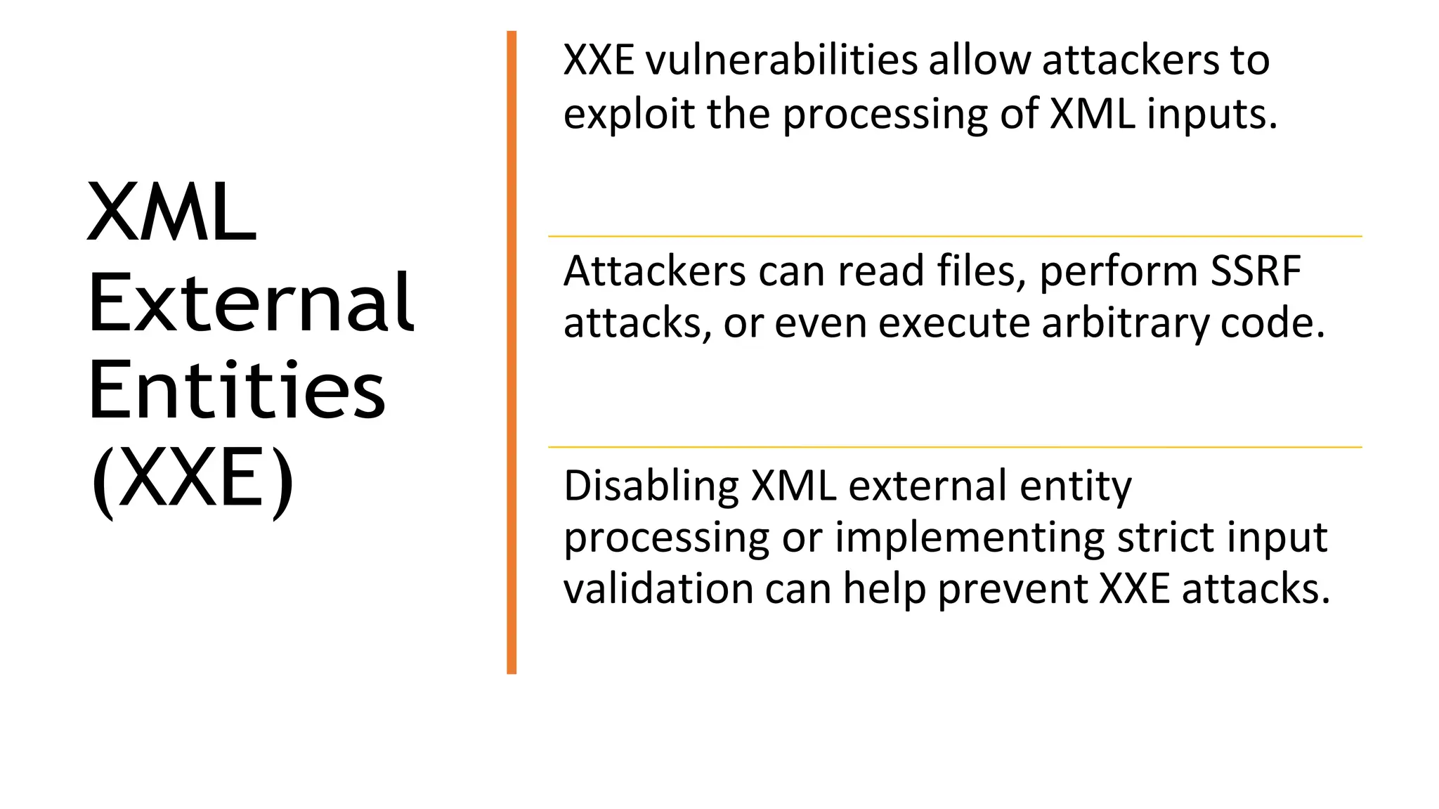 XML
External
Entities
(XXE)
XXE vulnerabilities allow attackers to
exploit the processing of XML inputs.
Attackers can read files, perform SSRF
attacks, or even execute arbitrary code.
Disabling XML external entity
processing or implementing strict input
validation can help prevent XXE attacks.
 