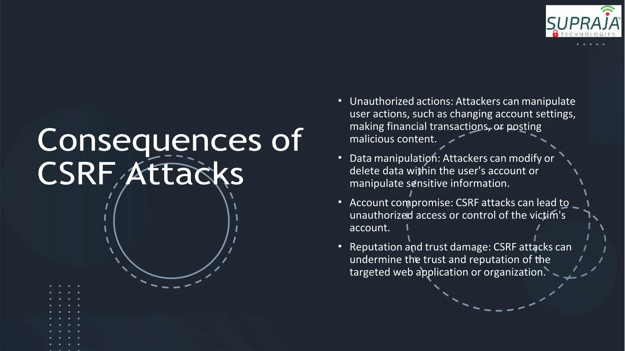 Consequences of
CSRF Attacks
• Unauthorized actions: Attackers can manipulate
user actions, such as changing account settings,
making financial transactions, or posting
malicious content.
• Data manipulation: Attackers can modify or
delete data within the user's account or
manipulate sensitive information.
• Account compromise: CSRF attacks can lead to
unauthorized access or control of the victim's
account.
• Reputation and trust damage: CSRF attacks can
undermine the trust and reputation of the
targeted web application or organization.
 