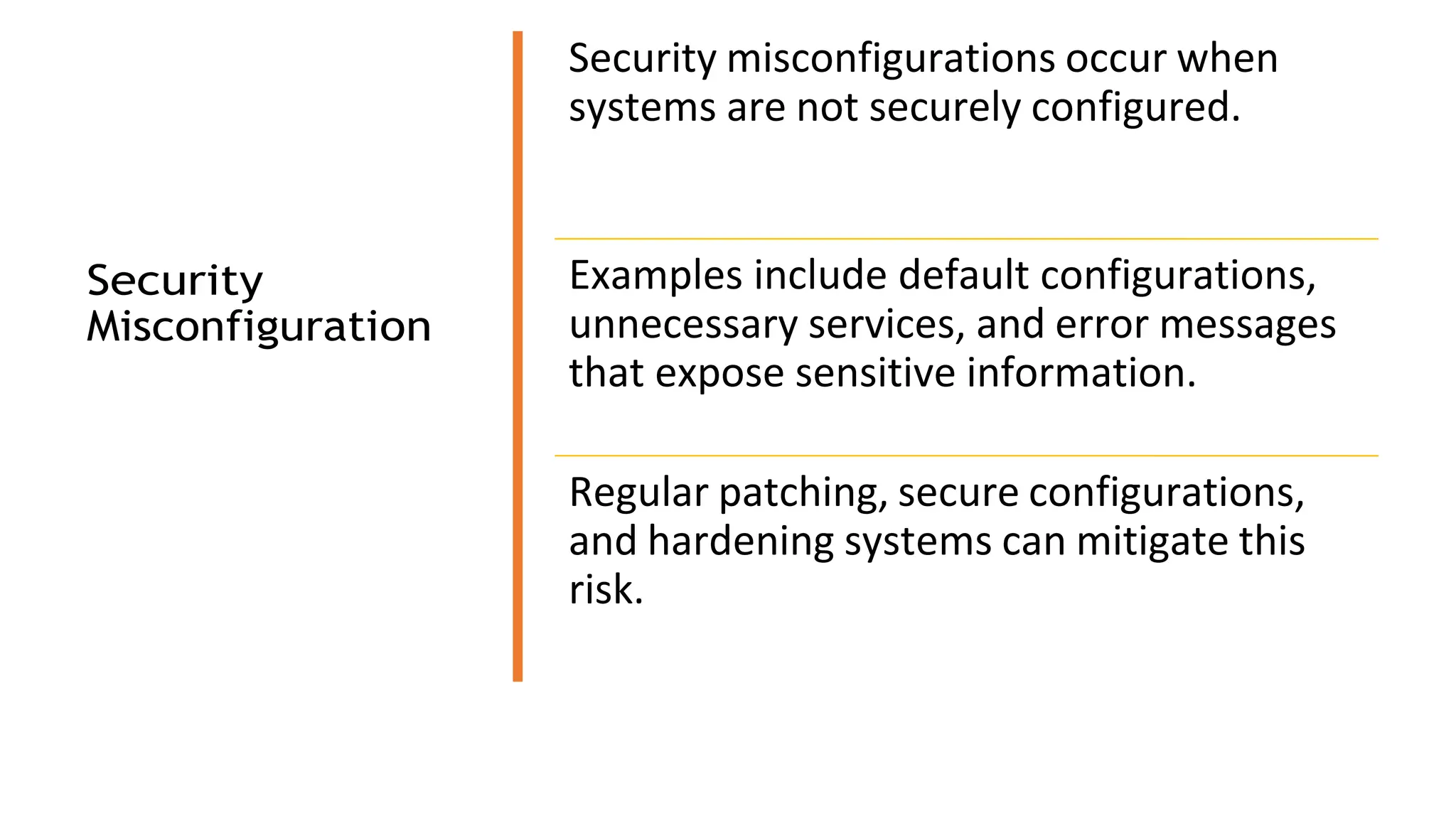 Security misconfigurations occur when
systems are not securely configured.
Security
Misconfiguration
Examples include default configurations,
unnecessary services, and error messages
that expose sensitive information.
Regular patching, secure configurations,
and hardening systems can mitigate this
risk.
 