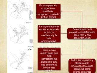 Se compone de 3
plantas, completamente
diferentes y con
diferentes usos.
En esta planta la
componen el
vestibulo,
recepcion, y sala de
lectura formal
La segunda planta
contiene zonas de
lectura, la
mediateca y la
sala
administrativa.
Y la tercer planta
tiene la sala
audiovisual, que
esta
correctamente
distribuida para
que el ruido no
afecte este
espacio.
Todos los espacios y
plantas están
vinculados tanto por
escaleras como
puente colgantes
 