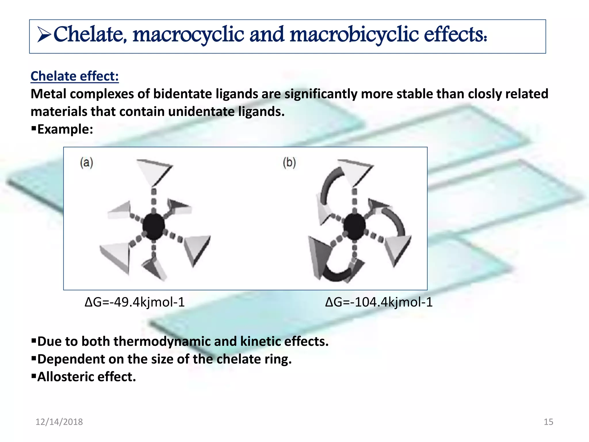 Chelate, macrocyclic and macrobicyclic effects:
Chelate effect:
Metal complexes of bidentate ligands are significantly more stable than closly related
materials that contain unidentate ligands.
Example:
Due to both thermodynamic and kinetic effects.
Dependent on the size of the chelate ring.
Allosteric effect.
∆G=-49.4kjmol-1 ∆G=-104.4kjmol-1
12/14/2018 15
 