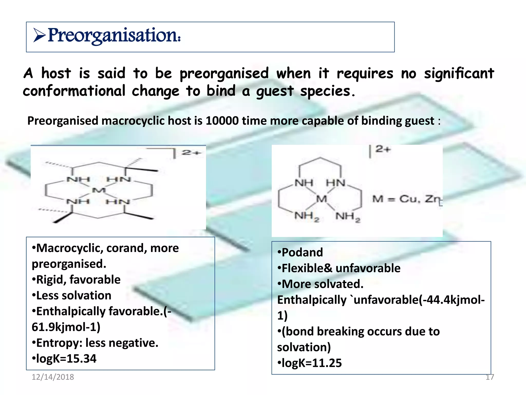 A host is said to be preorganised when it requires no signiﬁcant
conformational change to bind a guest species.
Preorganisation:
•Macrocyclic, corand, more
preorganised.
•Rigid, favorable
•Less solvation
•Enthalpically favorable.(-
61.9kjmol-1)
•Entropy: less negative.
•logK=15.34
•Podand
•Flexible& unfavorable
•More solvated.
Enthalpically `unfavorable(-44.4kjmol-
1)
•(bond breaking occurs due to
solvation)
•logK=11.25
Preorganised macrocyclic host is 10000 time more capable of binding guest :
12/14/2018 17
 