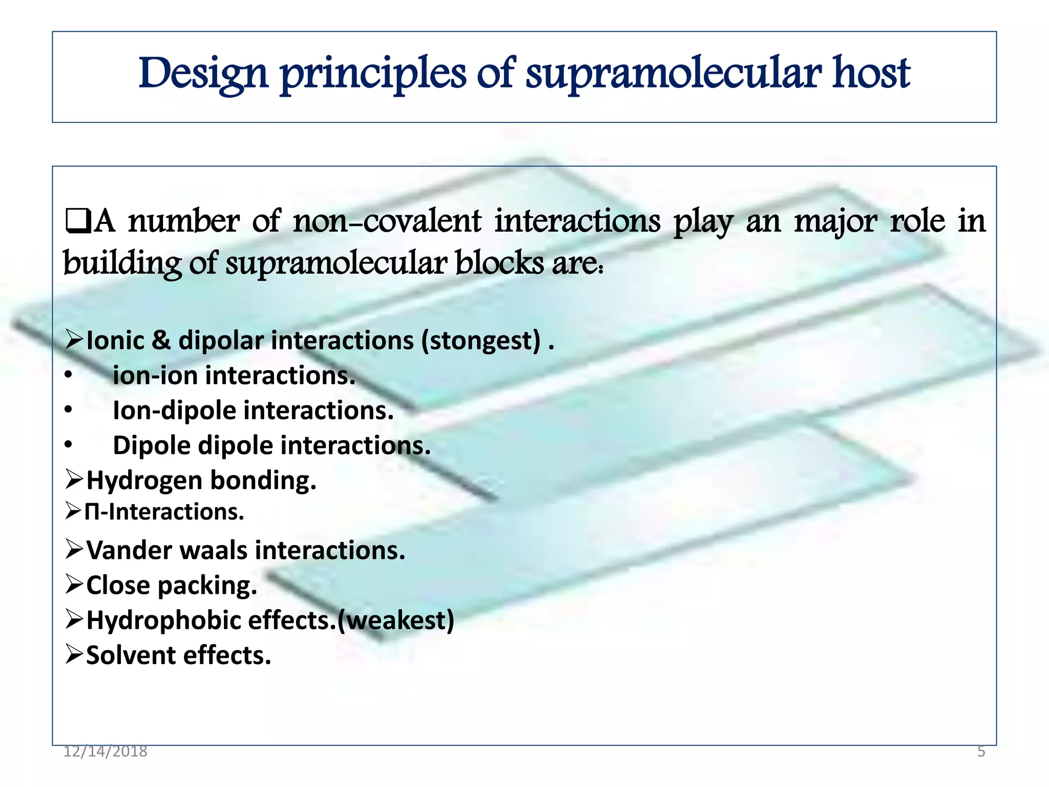 Design principles of supramolecular host
A number of non-covalent interactions play an major role in
building of supramolecular blocks are:
Ionic & dipolar interactions (stongest) .
• ion-ion interactions.
• Ion-dipole interactions.
• Dipole dipole interactions.
Hydrogen bonding.
Vander waals interactions.
Close packing.
Hydrophobic effects.(weakest)
Solvent effects.
Π-Interactions.
12/14/2018 5
 