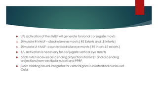  U/L activation of the riMLF will generate torsional conjugate movts
a. Stimulate Rt riMLF – clockwise eye movts ( RE Extorts and LE intorts )
b. Stimulate Lt ri MLF –counterclockwise eye movts ( RE intorts LE extorts )
 B/L activation is necessary for conjugate vertical eye movts
 Each riMLF receives descending projections from FEF and ascending
projections from vestibular nuclei and PPRF
 Gaze holding neural integrator for vertical gaze is in interstitial nucleus of
Cajal
 