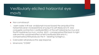 Vestibularly elicited horizontal eye
movts
 Non comatose pt:
1. warm water in Rt ear- endolymph moves toward the ampullaof the
horizontal canal- increasedtone of output to Left Abducens N- slow
conjugate contraction ( vestibular SEM ) of the Left lateral rectus mus and
the Rt medial rectus mus ( viathe MLF) – compensatory FEM back to right
side and the combined effect of left (vestibular) SEM and rt (
compensatory) FEM produces the rt – beating nystagmus .
2. Cold water will produce the opp response
3. Mnemonic“COWS”
 