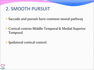 2. SMOOTH PURSUIT
 Saccade and pursuit have common neural pathway
 Cortical centres Middle Temporal & Medial Superior
Temporal
 Ipsilateral cortical control
 