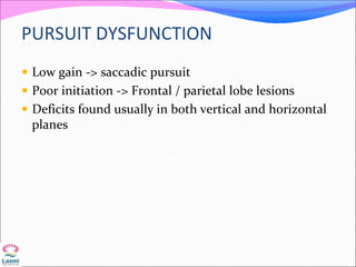 PURSUIT DYSFUNCTION
 Low gain -> saccadic pursuit
 Poor initiation -> Frontal / parietal lobe lesions
 Deficits found usually in both vertical and horizontal
planes
 