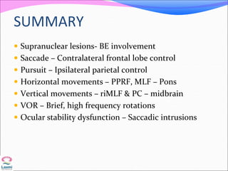 SUMMARY
 Supranuclear lesions- BE involvement
 Saccade – Contralateral frontal lobe control
 Pursuit – Ipsilateral parietal control
 Horizontal movements – PPRF, MLF – Pons
 Vertical movements – riMLF & PC – midbrain
 VOR – Brief, high frequency rotations
 Ocular stability dysfunction – Saccadic intrusions
 