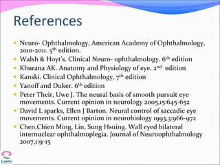 References
 Neuro- Ophthalmology, American Academy of Ophthalmology,
2010-2011. 5th edition.
 Walsh & Hoyt’s. Clinical Neuro- ophthalmology. 6th edition
 Khurana AK. Anatomy and Physiology of eye. 2nd edition
 Kanski. Clinical Ophthalmology, 7th edition
 Yanoff and Duker. 6th edition
 Peter Their, Uwe J. The neural basis of smooth pursuit eye
movements. Current opinion in neurology 2005,15:645-652
 David L sparks, Ellen J Barton. Neural control of saccadic eye
movements. Current opinion in neurobiology 1993,3:966-972
 Chen,Chien Ming, Lin, Sung Hsuing. Wall eyed bilateral
internuclear ophthalmoplegia. Journal of Neuroophthalmology
2007,1:9-15
 