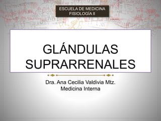 GLÁNDULAS
SUPRARRENALES
Dra. Ana Cecilia Valdivia Mtz.
Medicina Interna
ESCUELA DE MEDICINA
FISIOLOGÍA II
 