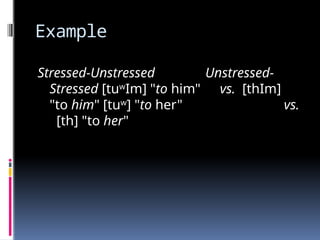 Example
Stressed-Unstressed Unstressed-
Stressed [tuw
Im] "to him" vs. [thIm]
"to him" [tuw
] "to her" vs.
[th] "to her"
 