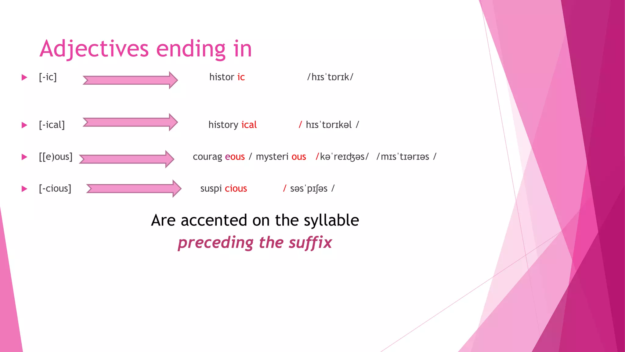 Adjectives ending in
 [-ic] histor ic /hɪsˈtɒrɪk/
 [-ical] history ical / hɪsˈtɒrɪkəl /
 [[e)ous] courag eous / mysteri ous /kəˈreɪʤəs/ /mɪsˈtɪərɪəs /
 [-cious] suspi cious / səsˈpɪʃəs /
Are accented on the syllable
preceding the suffix
 
