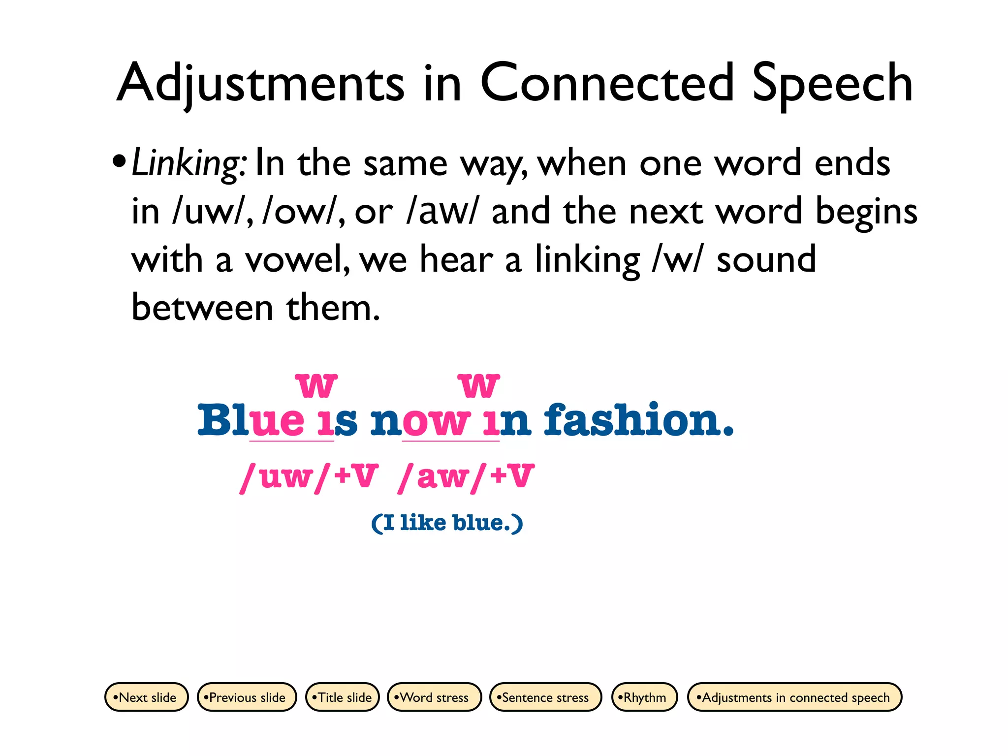 Adjustments in Connected Speech
• Linking: In the same way, when one word ends
   in /uw/, /ow/, or /aw/ and the next word begins
   with a vowel, we hear a linking /w/ sound
   between them.
                  w      w
              Blue is now in fashion.
                    /uw/+V /aw/+V
                                           (I like blue.)




•Next slide   •Previous slide   •Title slide   •Word stress   •Sentence stress   •Rhythm   •Adjustments in connected speech
 