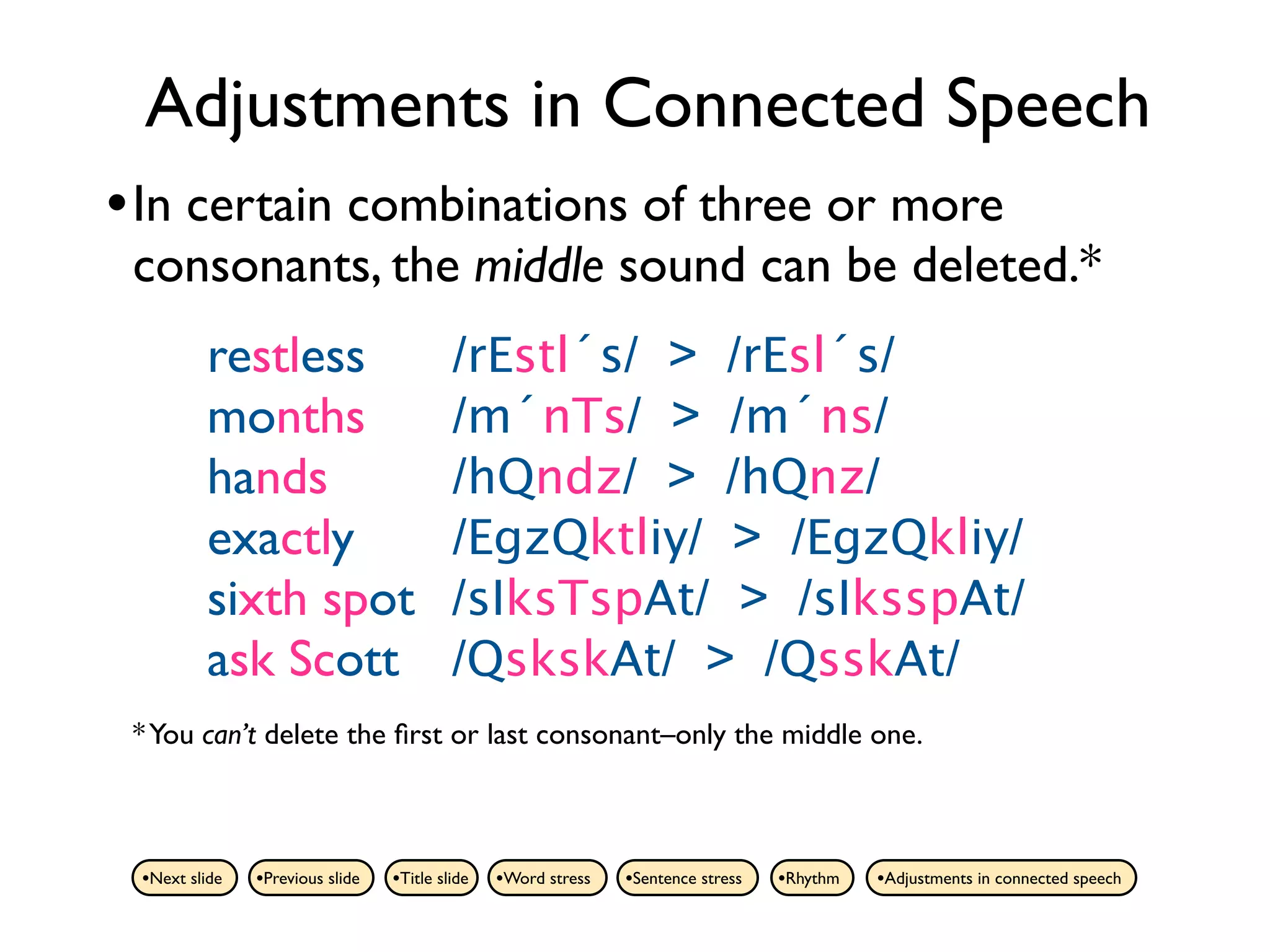 Adjustments in Connected Speech
• In certain combinations of three or more
 consonants, the middle sound can be deleted.*
         restless                         /rEstl´s/ > /rEsl´s/
         months                           /m´nTs/ > /m´ns/
         hands                            /hQndz/ > /hQnz/
         exactly                          /EgzQktliy/ > /EgzQkliy/
         sixth spot                       /sIksTspAt/ > /sIksspAt/
         ask Scott                        /QskskAt/ > /QsskAt/
 * You can’t delete the ﬁrst or last consonant–only the middle one.



 •Next slide   •Previous slide   •Title slide   •Word stress   •Sentence stress   •Rhythm   •Adjustments in connected speech
 