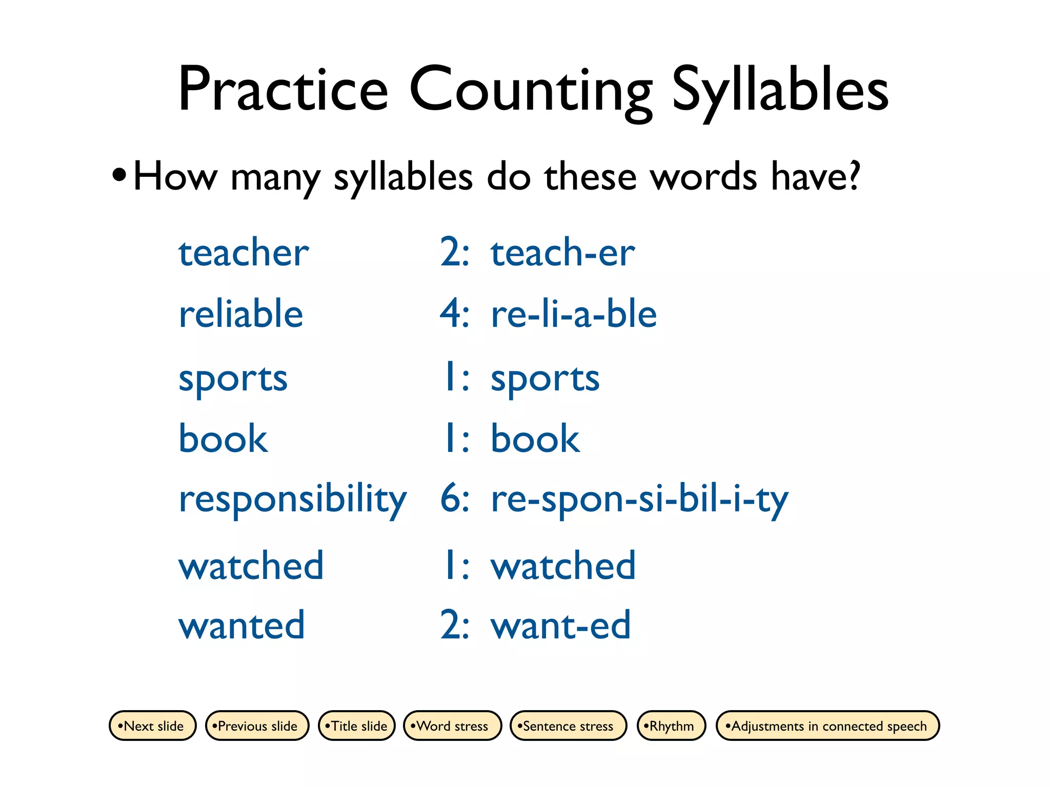 Practice Counting Syllables
• How many syllables do these words have?
          teacher                                  2:         teach-er
          reliable                                 4:         re-li-a-ble
          sports                                   1:         sports
          book                                     1:         book
          responsibility                           6:         re-spon-si-bil-i-ty
          watched                                  1: watched
          wanted                                   2: want-ed

•Next slide   •Previous slide   •Title slide   •Word stress    •Sentence stress   •Rhythm   •Adjustments in connected speech
 