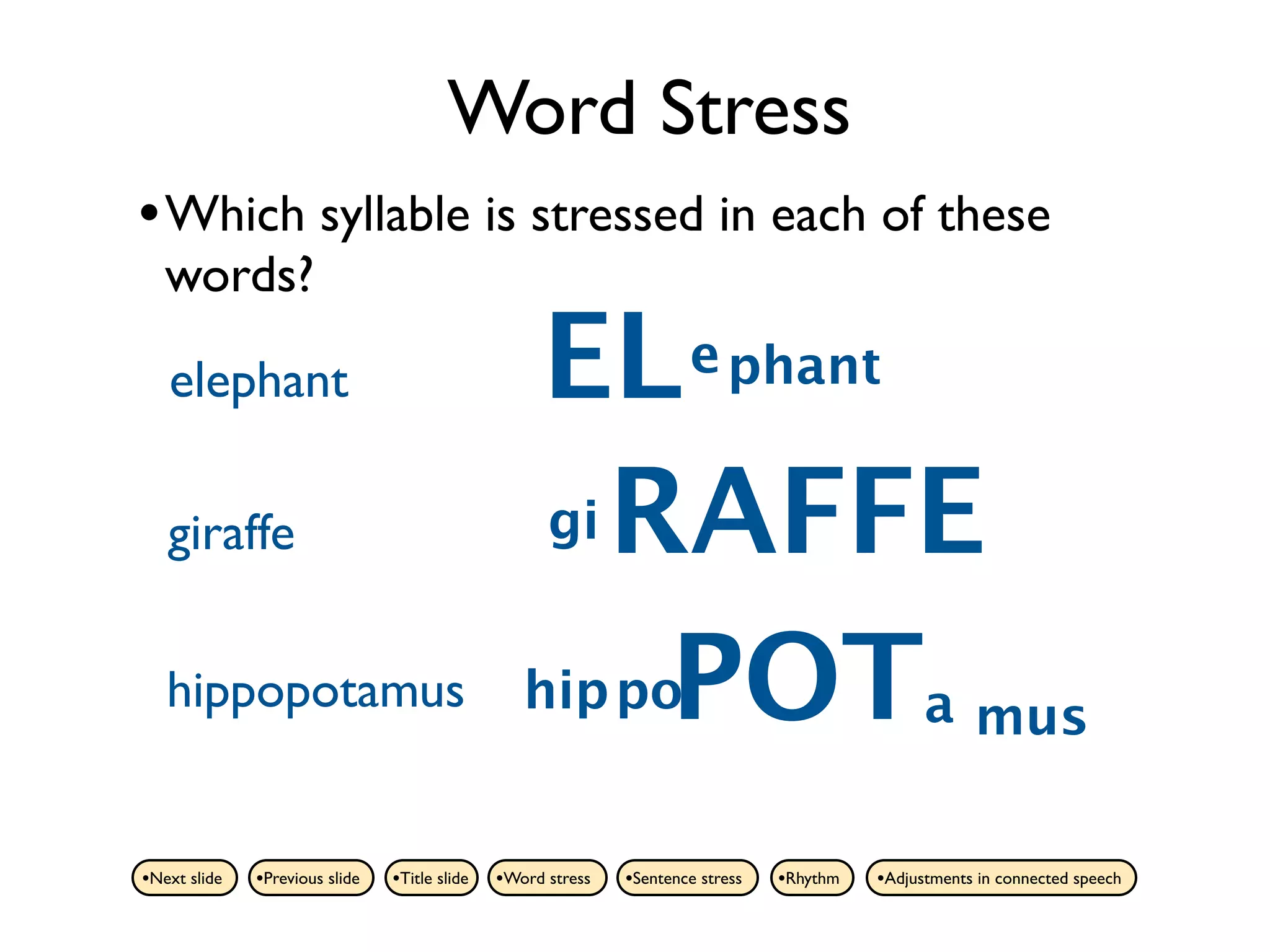 Word Stress
• Which syllable is stressed in each of these
   words?

   elephant                                        EL                 e phant


   giraffe                                         gi RAFFE


   hippopotamus                                   hip poPOTa mus
•Next slide   •Previous slide   •Title slide   •Word stress   •Sentence stress   •Rhythm   •Adjustments in connected speech
 