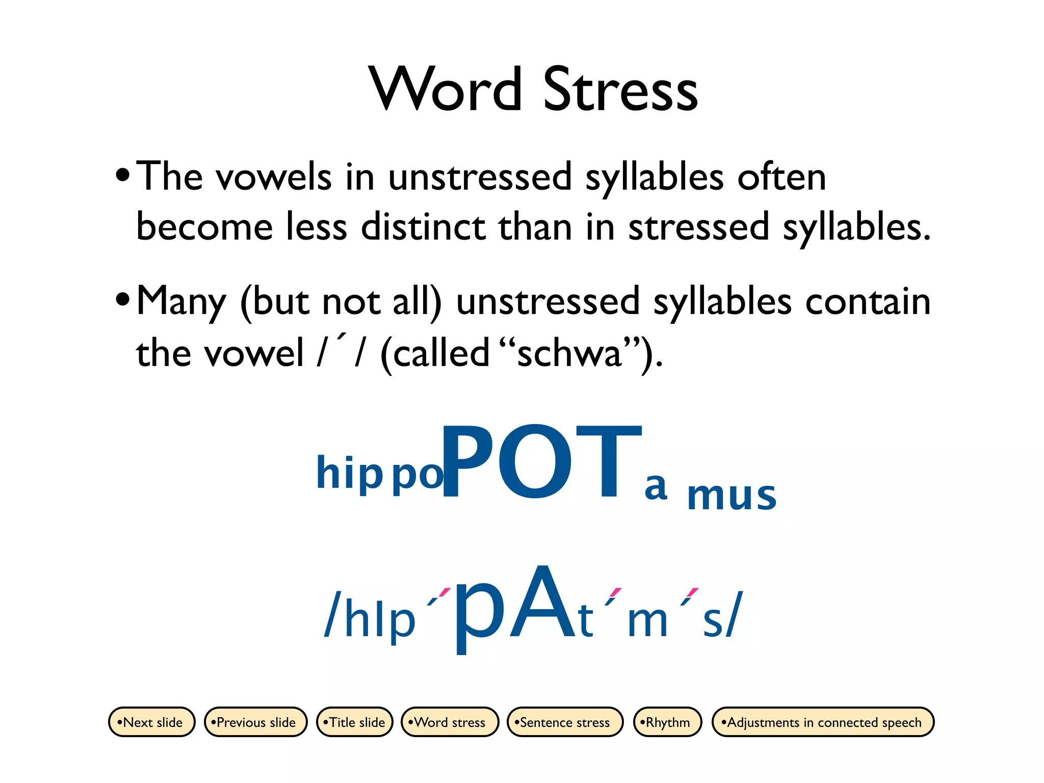 Word Stress
• The vowels in unstressed syllables often
   become less distinct than in stressed syllables.
• Many (but not all) unstressed syllables contain
   the vowel /´/ (called “schwa”).


                                     POTa mus
                                hip po


                                /hIp´pAt´m´s/
                                    ´   ´ ´
•Next slide   •Previous slide   •Title slide   •Word stress   •Sentence stress   •Rhythm   •Adjustments in connected speech
 