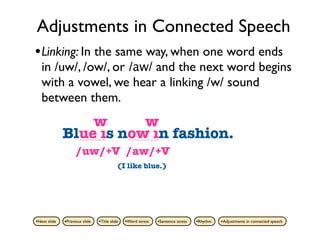 Adjustments in Connected Speech
• Linking: In the same way, when one word ends
   in /uw/, /ow/, or /aw/ and the next word begins
   with a vowel, we hear a linking /w/ sound
   between them.
                  w      w
              Blue is now in fashion.
                    /uw/+V /aw/+V
                                           (I like blue.)




•Next slide   •Previous slide   •Title slide   •Word stress   •Sentence stress   •Rhythm   •Adjustments in connected speech
 