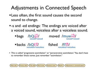 Adjustments in Connected Speech
• Less often, the ﬁrst sound causes the second
     sound to change.
• -s and -ed endings: The endings are voiced after
     a voiced sound, voiceless after a voiceless sound.
       • bags /bQgz/         moved /muwvd/
                                    voiced+voiced                                               voiced+voiced


           • backs voiceless+voiceless
                    /bQks/                                          ﬁshed                 /fISt/
                                                                                     voiceless+voiceless

•    This is called “progressive assimilation” or “perseverative assimilation.” You don’t have
     to remember those names. Just remember “assimilation.”



    •Next slide   •Previous slide   •Title slide   •Word stress   •Sentence stress   •Rhythm   •Adjustments in connected speech
 