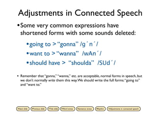 Adjustments in Connected Speech
• Some very common expressions have
    shortened forms with some sounds deleted:
         • going to > “gonna” /g´n´/
         • want to > “wanna” /wAn´/
         • should have > “shoulda” /SUd´/
•   Remember that “gonna,” “wanna,” etc. are acceptable, normal forms in speech, but
    we don’t normally write them this way. We should write the full forms: “going to”
    and “want to.”




•Next slide   •Previous slide   •Title slide   •Word stress   •Sentence stress   •Rhythm   •Adjustments in connected speech
 