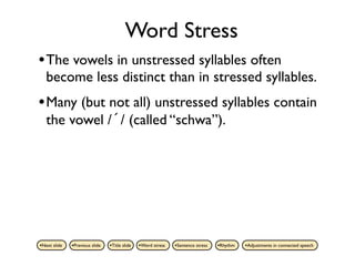 Word Stress
• The vowels in unstressed syllables often
   become less distinct than in stressed syllables.
• Many (but not all) unstressed syllables contain
   the vowel /´/ (called “schwa”).




•Next slide   •Previous slide   •Title slide   •Word stress   •Sentence stress   •Rhythm   •Adjustments in connected speech
 