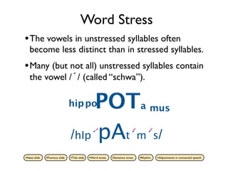 Word Stress
• The vowels in unstressed syllables often
   become less distinct than in stressed syllables.
• Many (but not all) unstressed syllables contain
   the vowel /´/ (called “schwa”).


                                     POTa mus
                                hip po


                                /hIp´pAt´m´s/
                                    ´   ´ ´
•Next slide   •Previous slide   •Title slide   •Word stress   •Sentence stress   •Rhythm   •Adjustments in connected speech
 