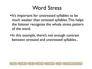 Word Stress
• It’s important for unstressed syllables to be
   much weaker than stressed syllables. This helps
   the listener recognize the whole stress pattern
   of the word.
• In this example, there’s not enough contrast
   between stressed and unstressed syllables...




•Next slide   •Previous slide   •Title slide   •Word stress   •Sentence stress   •Rhythm   •Adjustments in connected speech
 
