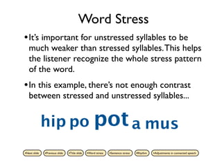 Word Stress
• It’s important for unstressed syllables to be
   much weaker than stressed syllables. This helps
   the listener recognize the whole stress pattern
   of the word.
• In this example, there’s not enough contrast
   between stressed and unstressed syllables...


              hip po pot a mus
•Next slide   •Previous slide   •Title slide   •Word stress   •Sentence stress   •Rhythm   •Adjustments in connected speech
 