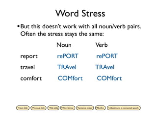 Word Stress
• But this doesn’t work with all noun/verb pairs.
   Often the stress stays the same:
                                          Noun                                   Verb
   report                                  rePORT                                rePORT
   travel                                  TRAvel                                TRAvel
   comfort                                 COMfort                               COMfort



•Next slide   •Previous slide   •Title slide   •Word stress   •Sentence stress   •Rhythm   •Adjustments in connected speech
 