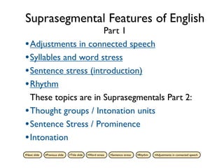 Suprasegmental Features of English
                      Part 1
• Adjustments in connected speech
• Syllables and word stress
• Sentence stress (introduction)
• Rhythm
  These topics are in Suprasegmentals Part 2:
• Thought groups / Intonation units
• Sentence Stress / Prominence
• Intonation
•Next slide   •Previous slide   •Title slide   •Word stress   •Sentence stress   •Rhythm   •Adjustments in connected speech
 