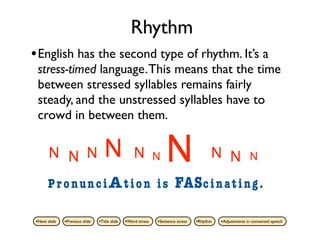Rhythm
• English has the second type of rhythm. It’s a
 stress-timed language. This means that the time
 between stressed syllables remains fairly
 steady, and the unstressed syllables have to
 crowd in between them.

      N N N                        N               N          N   N                    N N               N

      PronunciAtion is                                                 FAS c i n a t i n g .

•Next slide   •Previous slide   •Title slide   •Word stress   •Sentence stress   •Rhythm   •Adjustments in connected speech
 