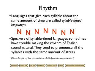 Rhythm
• Languages that give each syllable about the
 same amount of time are called syllable-timed
 languages.

          N N N N N N N
• Speakers of syllable-timed languages sometimes
 have trouble making the rhythm of English
 sound natural. They tend to pronounce all the
 syllables with the same amount of stress.
 (Please forgive my bad pronunciation of this Japanese tongue twister!)


•Next slide   •Previous slide   •Title slide   •Word stress   •Sentence stress   •Rhythm   •Adjustments in connected speech
 