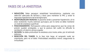 FASES DE LA ANESTESIA
 INDUCCIÓN: Debe perseguir estabilidad hemodinámica, mediante una
selección adecuada de fármaco y dosis para mantener la PPC y evitar la
respuesta hipertensora de la laringoscopia.
 MONITORIZACION INVASIVA: El paciente iende a presentar hipotensión, al no
estar recibiendo mucho estímulo quirurgico, por lo tanto se debe mantener
un nivel de anestesia superficial.
 POSICIONAMIENTO: Participación activa para asegurarnos que las zonas de
presión queden protegidas, y que la postura del cuello no dificulte la
ventilación, el retorno venoso yugular.
 INCISION: Se debe profundizar la anestesia unos inutos antes, por el estimulo
doloroso.
 RESECCIÓN DEL TUMOR: Es la fase más larga, el sangrado suele ser
importante, pero no el dolor. Profundidad anestésica menor, asegurando la
inmovilidad
Rodríguez Contreras R. Anestesia en tumores supratentoriales. parte I [Internet]. AnestesiaR. 2022 [cited 2023Apr2]. Available from: https://anestesiar.org/2022/anestesia-en-
tumores-supratentoriales-parte-i/
 