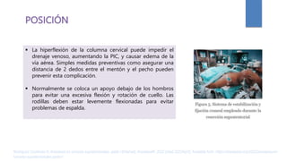 POSICIÓN
 La hiperflexión de la columna cervical puede impedir el
drenaje venoso, aumentando la PIC, y causar edema de la
vía aérea. Simples medidas preventivas como asegurar una
distancia de 2 dedos entre el mentón y el pecho pueden
prevenir esta complicación.
 Normalmente se coloca un apoyo debajo de los hombros
para evitar una excesiva flexión y rotación de cuello. Las
rodillas deben estar levemente flexionadas para evitar
problemas de espalda.
Rodríguez Contreras R. Anestesia en tumores supratentoriales. parte I [Internet]. AnestesiaR. 2022 [cited 2023Apr2]. Available from: https://anestesiar.org/2022/anestesia-en-
tumores-supratentoriales-parte-i/
 