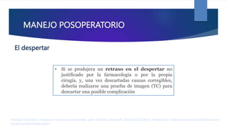 MANEJO POSOPERATORIO
• Si se produjera un retraso en el despertar no
justificado por la farmacología o por la propia
cirugía, y, una vez descartadas causas corregibles,
debería realizarse una prueba de imagen (TC) para
descartar una posible complicación
Rodríguez Contreras R. Anestesia en tumores supratentoriales. parte I [Internet]. AnestesiaR. 2022 [cited 2023Apr2]. Available from: https://anestesiar.org/2022/anestesia-en-
tumores-supratentoriales-parte-i/
El despertar
 